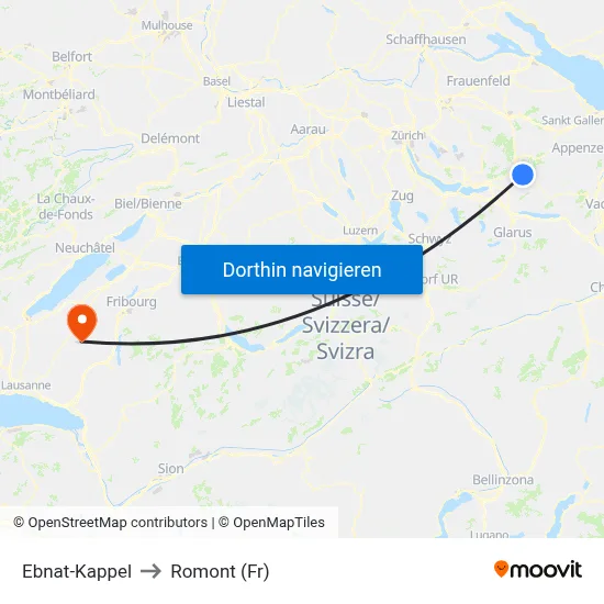 Ebnat-Kappel to Romont (Fr) map