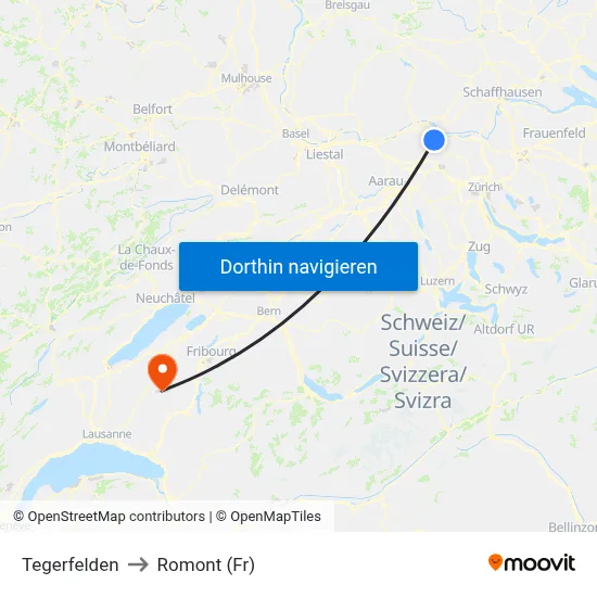 Tegerfelden to Romont (Fr) map