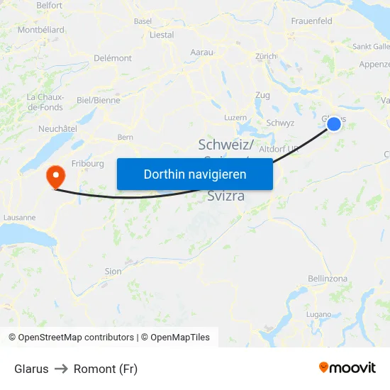 Glarus to Romont (Fr) map