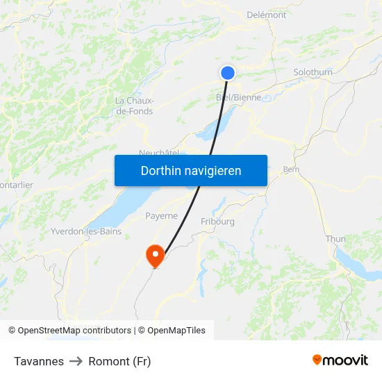 Tavannes to Romont (Fr) map