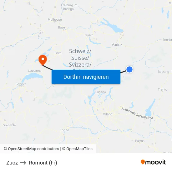 Zuoz to Romont (Fr) map