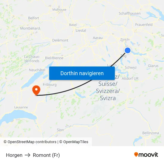Horgen to Romont (Fr) map