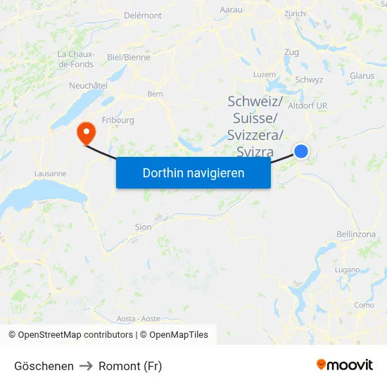 Göschenen to Romont (Fr) map