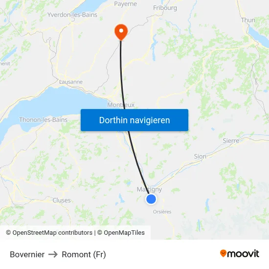 Bovernier to Romont (Fr) map