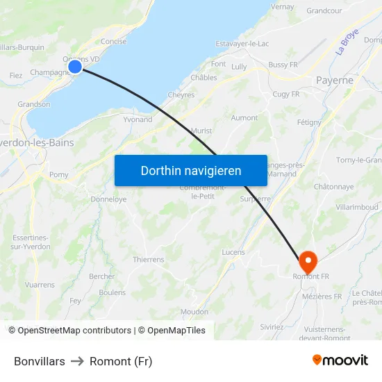Bonvillars to Romont (Fr) map