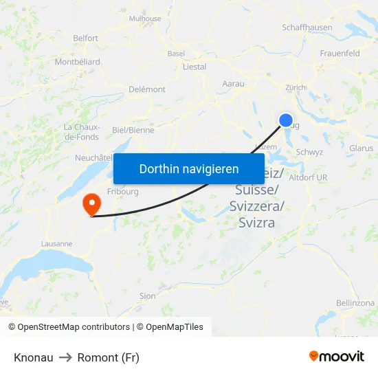 Knonau to Romont (Fr) map