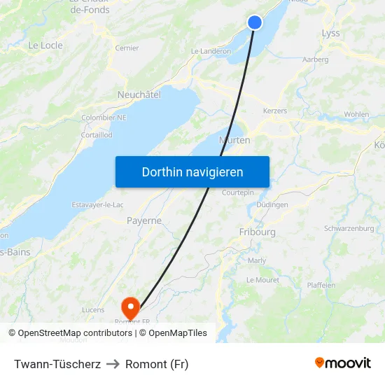 Twann-Tüscherz to Romont (Fr) map
