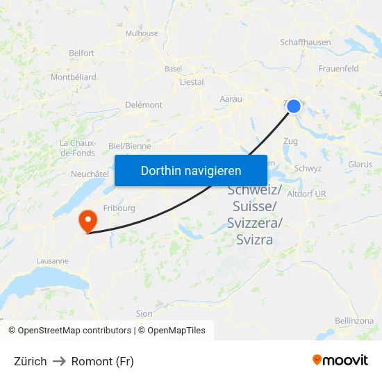 Zürich to Romont (Fr) map