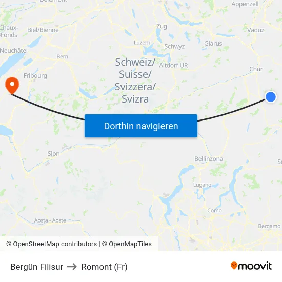 Bergün Filisur to Romont (Fr) map