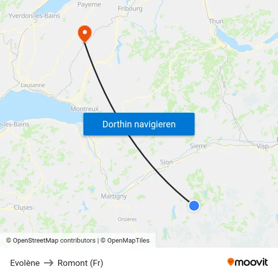 Evolène to Romont (Fr) map