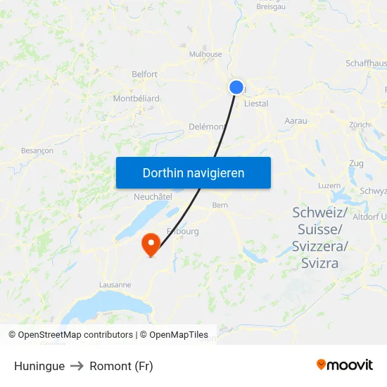 Huningue to Romont (Fr) map