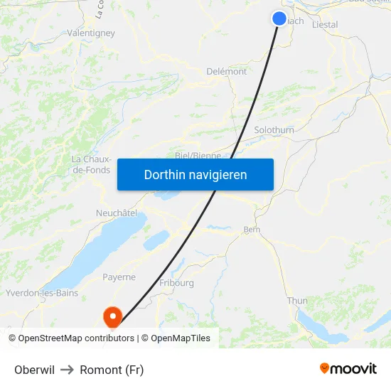 Oberwil to Romont (Fr) map