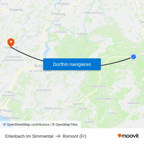 Erlenbach Im Simmental to Romont (Fr) map