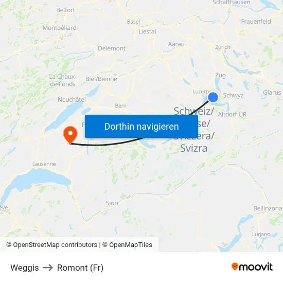 Weggis to Romont (Fr) map