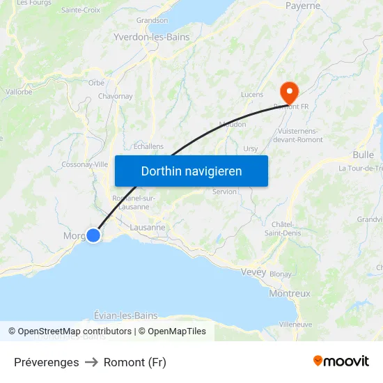 Préverenges to Romont (Fr) map