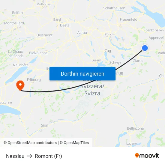 Nesslau to Romont (Fr) map