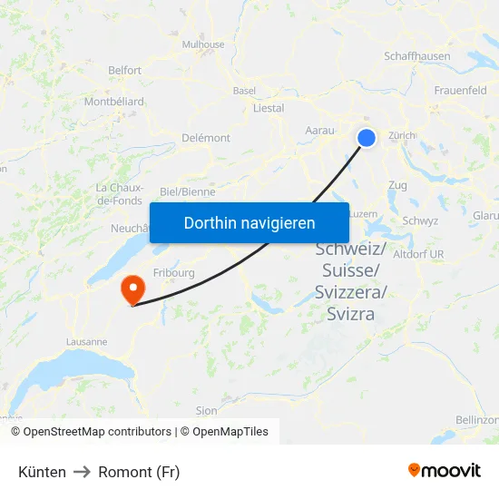 Künten to Romont (Fr) map