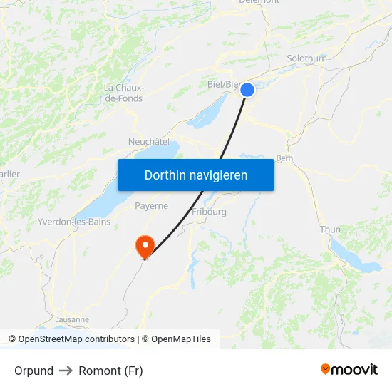 Orpund to Romont (Fr) map