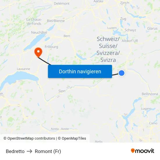 Bedretto to Romont (Fr) map