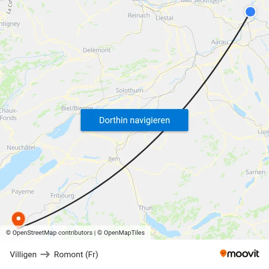 Villigen to Romont (Fr) map