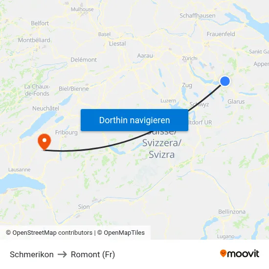 Schmerikon to Romont (Fr) map