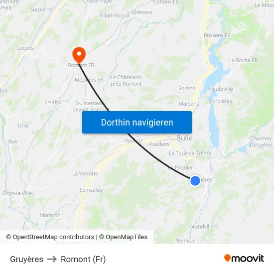 Gruyères to Romont (Fr) map
