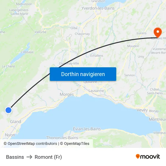 Bassins to Romont (Fr) map