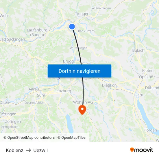 Koblenz to Uezwil map