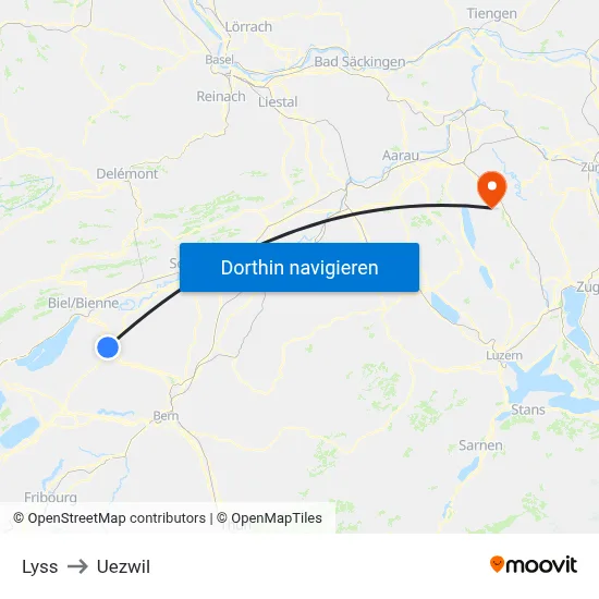 Lyss to Uezwil map