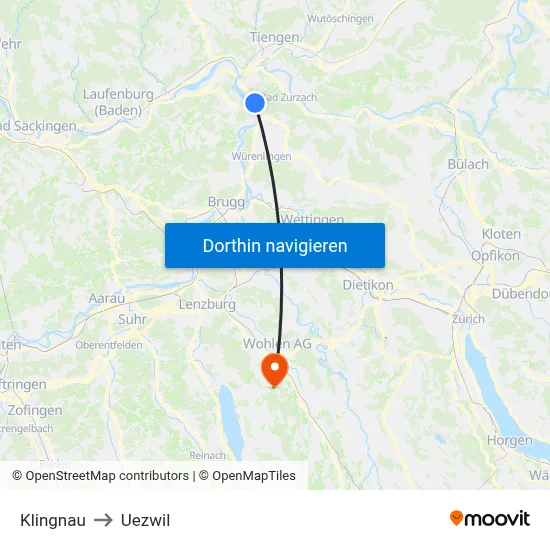 Klingnau to Uezwil map