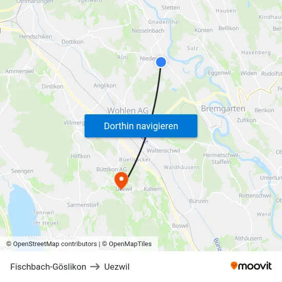 Fischbach-Göslikon to Uezwil map