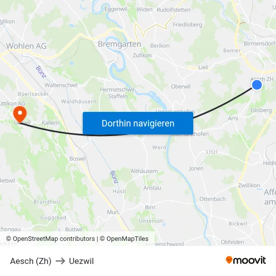 Aesch (Zh) to Uezwil map