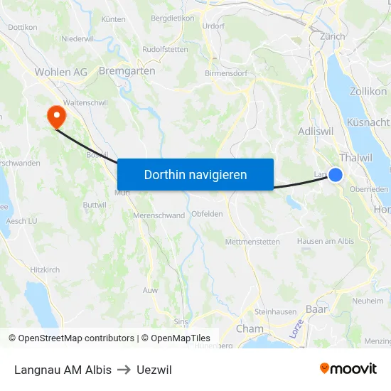 Langnau AM Albis to Uezwil map