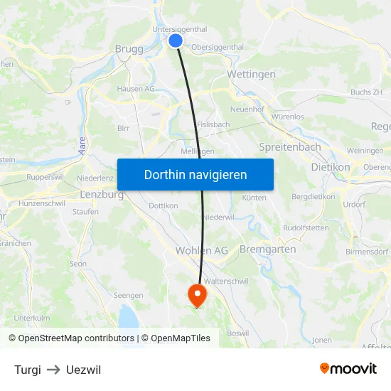 Turgi to Uezwil map