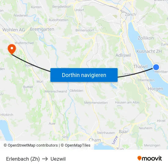Erlenbach (Zh) to Uezwil map