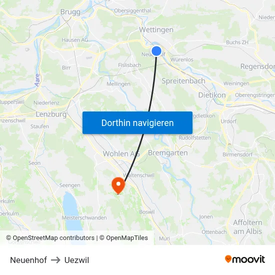 Neuenhof to Uezwil map