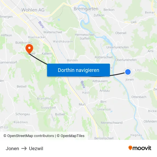 Jonen to Uezwil map