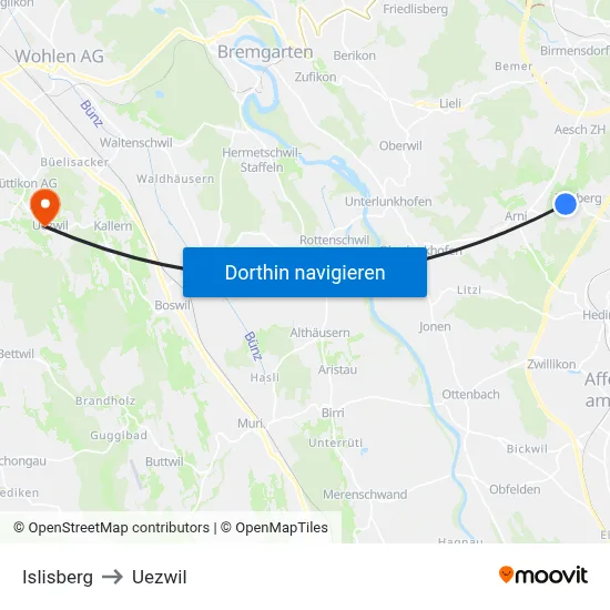 Islisberg to Uezwil map
