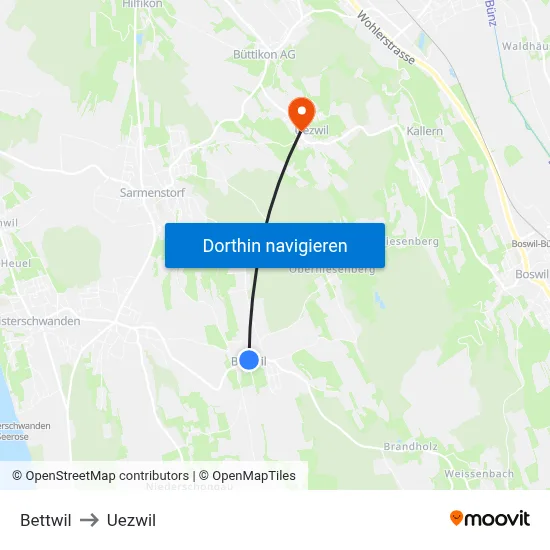 Bettwil to Uezwil map