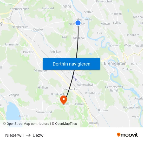 Niederwil to Uezwil map