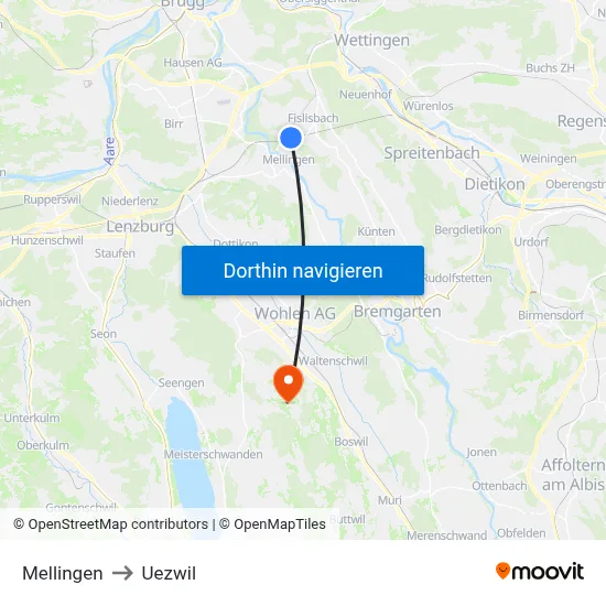 Mellingen to Uezwil map
