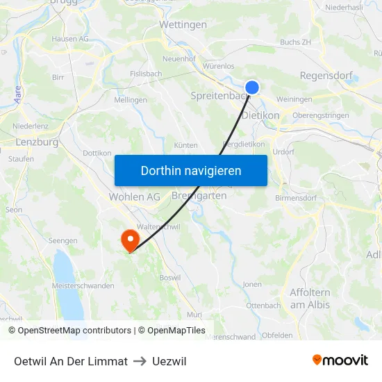Oetwil An Der Limmat to Uezwil map