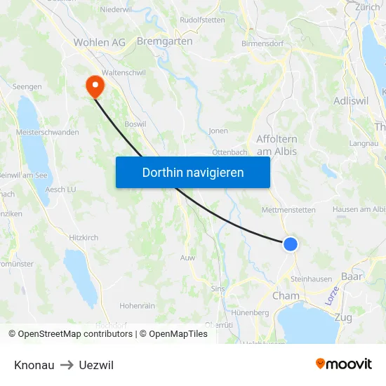 Knonau to Uezwil map