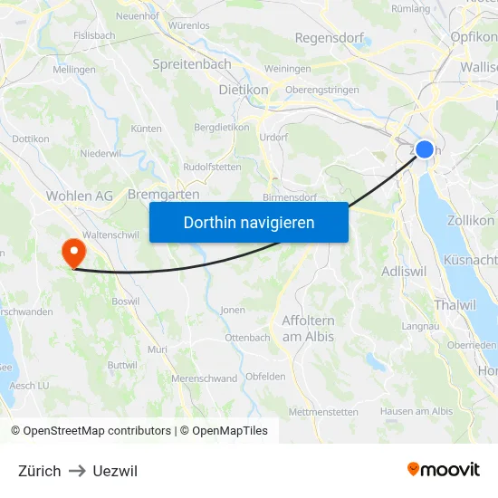 Zürich to Uezwil map