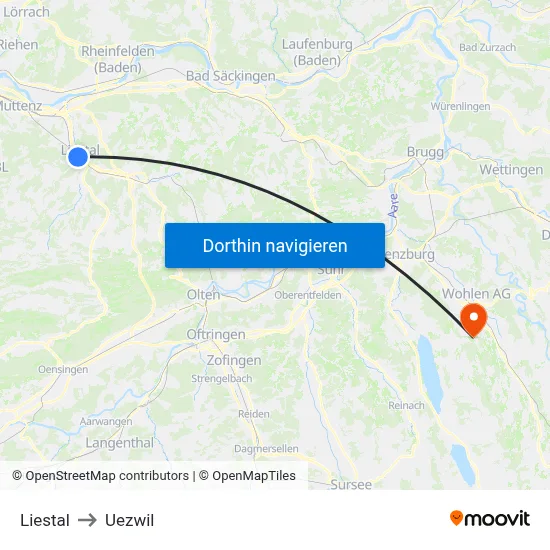 Liestal to Uezwil map