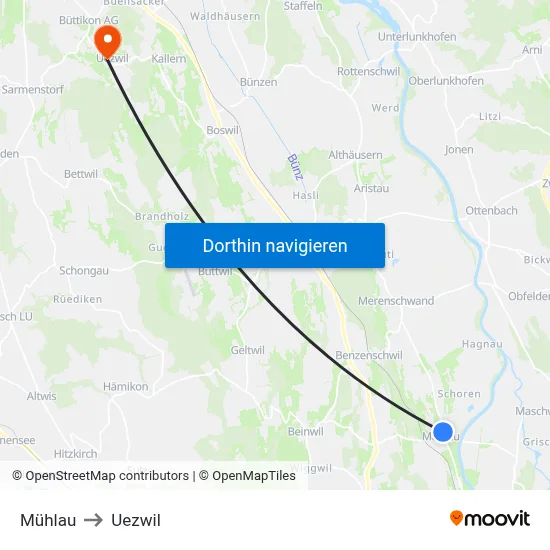 Mühlau to Uezwil map
