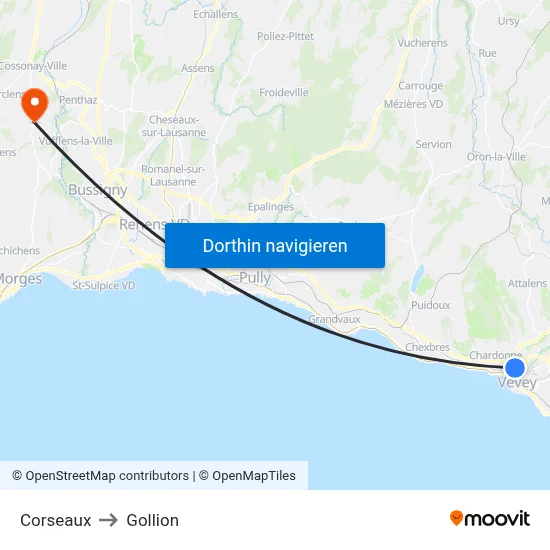 Corseaux to Gollion map