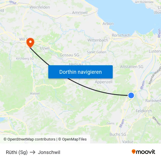 Rüthi (Sg) to Jonschwil map