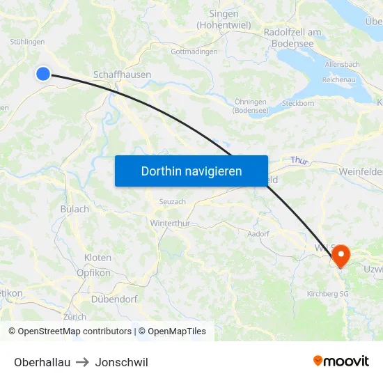 Oberhallau to Jonschwil map