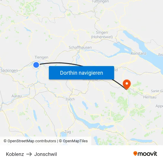 Koblenz to Jonschwil map